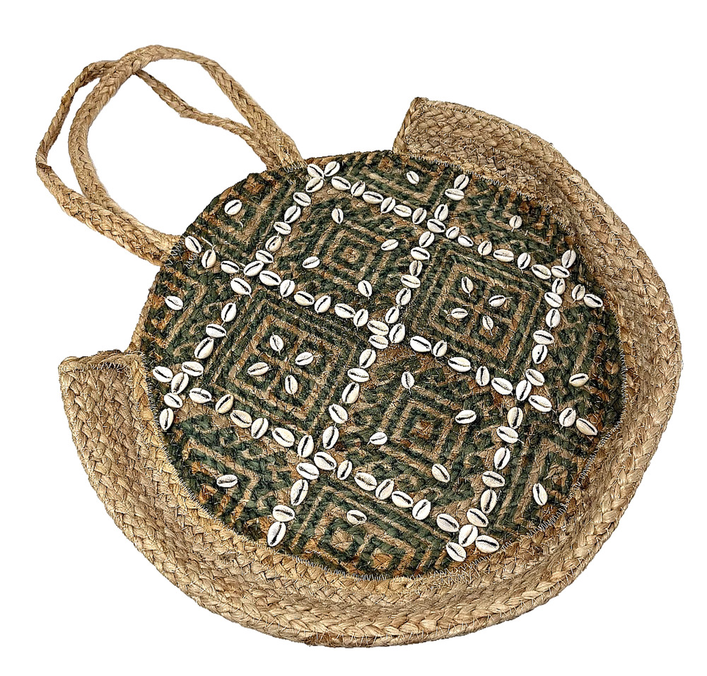 Philia & Agape Round Straw Beach Tote Bag Cowrie Shell Boho 17x15 NWOT